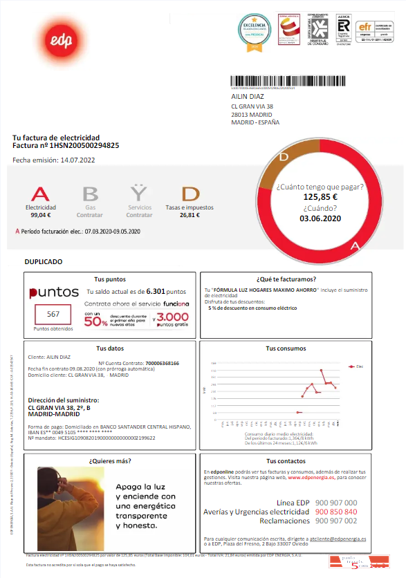 SPAIN EDP utility bill template, version 2